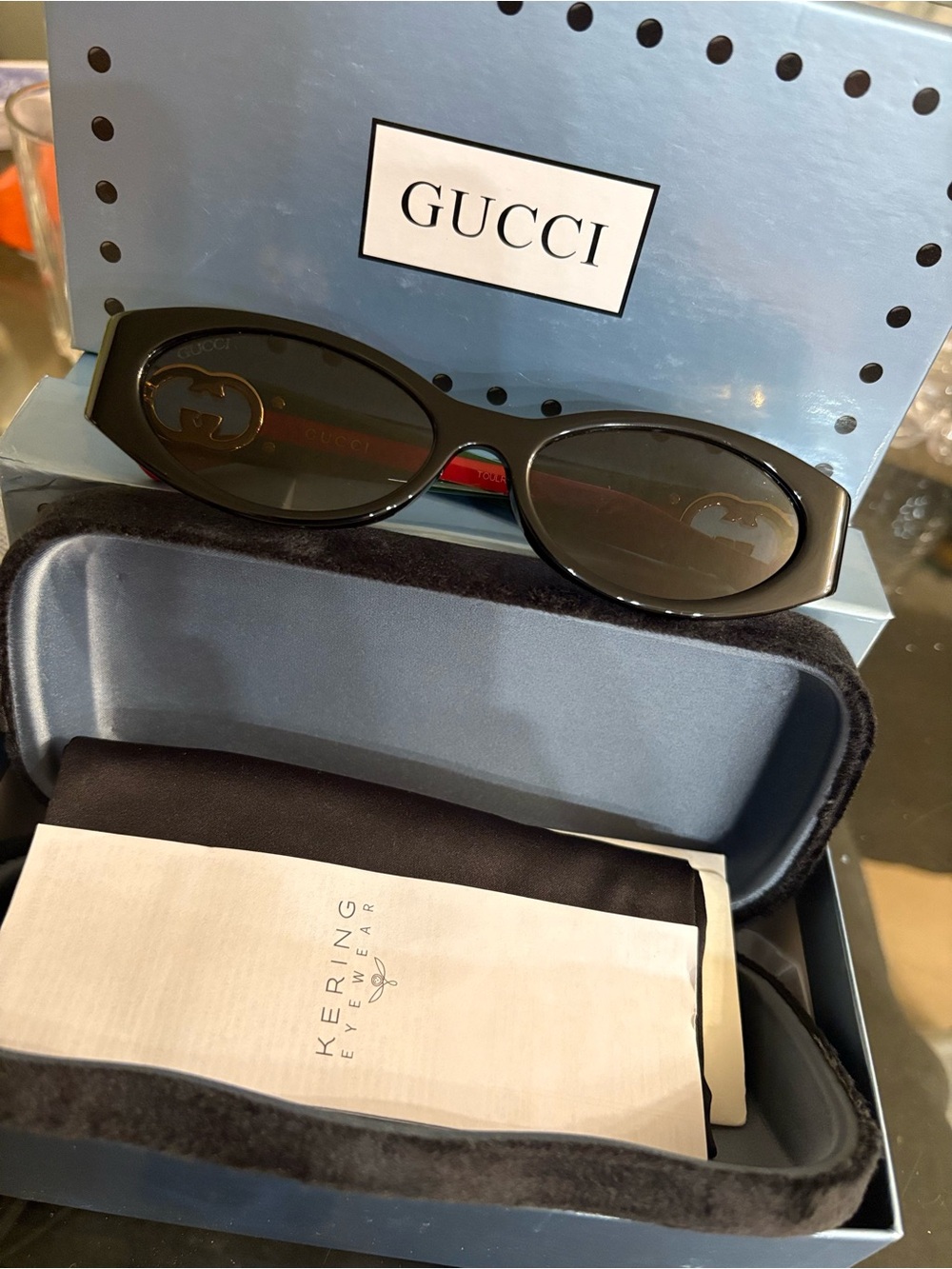 Gucci Black Oval Logo Sunglasses new with packaging
